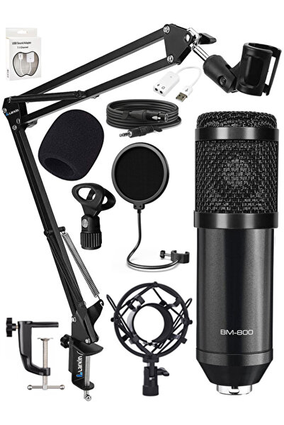 Larkin ميكروفون مكثف جديد أسود من كونيج BM800 مع حامل، بطاقة صوت 7.1، تسجيل البث المباشر، مجموعة ألعاب RGB