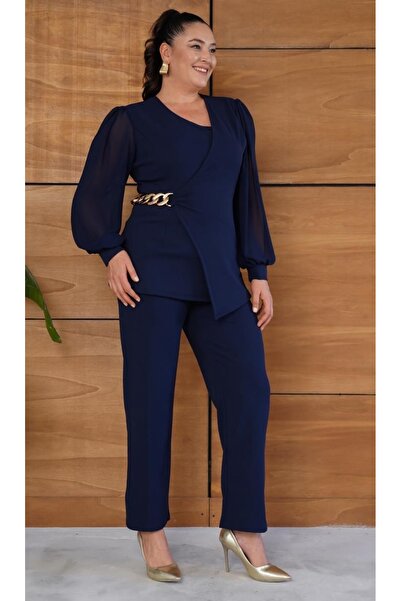 Butik Nilyam Women's Plus Size Double-Breasted Collar Chiffon Sleeve Chain Brooch Detailed Blouse 25008