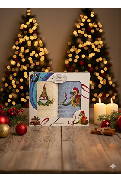 Coton Delux 2'li Yılbaşı Özel Mutfak Havlusu Yılan Nakışlı - %100 Pamuklu -30x50 - Kutulu