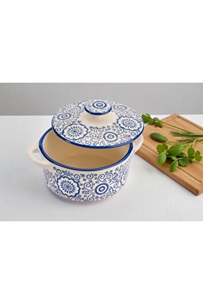 shop Porcelain Soup Bowl Decorative White Blue Patterned with Lid 600 ml