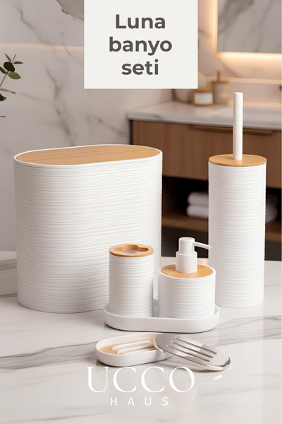UCCO 6 Parça Banyo Seti - Bambu Kapaklı Banyo Organizeri - Çöp Kovası Diş Fır...