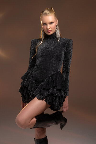 Gira official Siyah Simli Boğazlı Uzun Kollu Volan Detaylı Mini Elbise