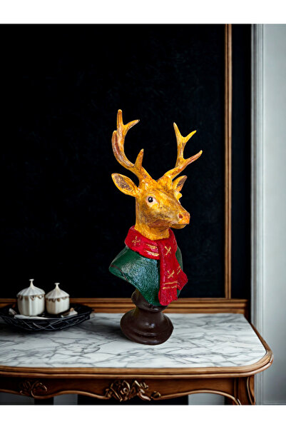 Artivo Yılbaşı Geyik Büstü – Dekoratif Heykel Biblo | Kırmızı Atkılı Geyik Premium Masa Üstü Obje