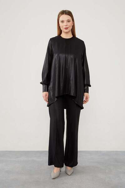 Levidor Siyah Asimetrik Kesim Balon Kol Pantolonlu Takım