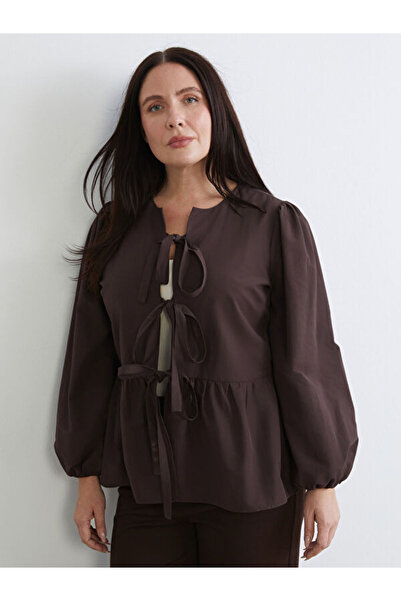 LC Waikiki Γυναικείο πουκάμισο μεγάλου μεγέθους με λεπτομέρεια με κορδόνια με φιόγκο