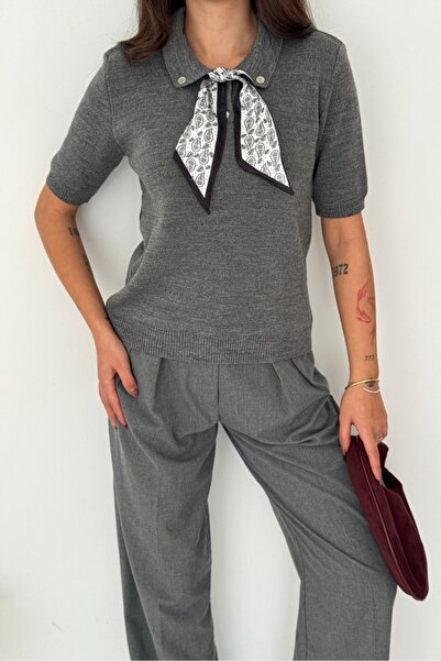 Noi Belis Ribbon Detailed Short Sleeve Soft Textured Knitwear Sweater Aw25Kz0076