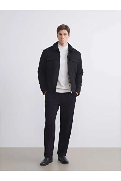 LC Waikiki Vision Black Slim/ Slim Fit Fur Collar Plush Lined Suede Men's Coat