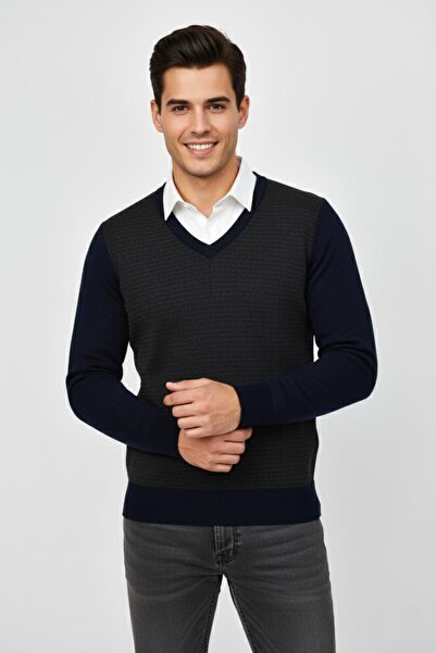 Triko Nehir Men's V-Neck Knitwear Sweater Steel Knit Regular Fit Bgl-St04838