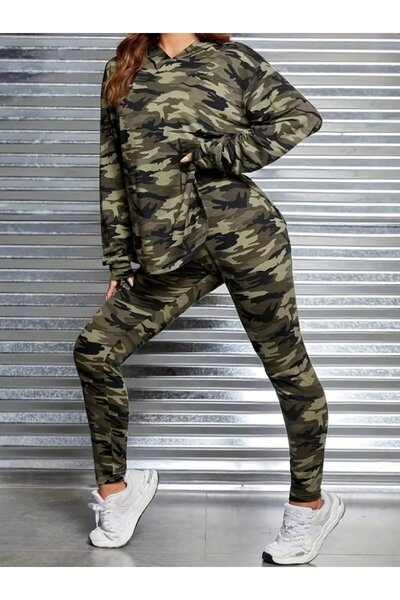 Meleners Women's Long Sleeve Hooded Camouflage Pattern Blouse and Pants Leggings Two Piece Set