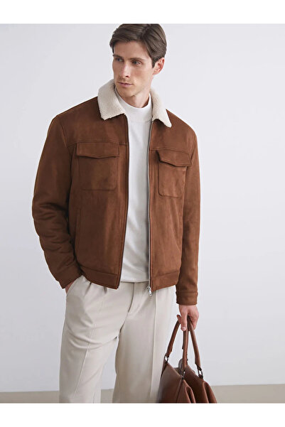 LC Waikiki Vision Brown Narrow/ Slim Fit Fur Collar Plush Lined Suede Men's Coat