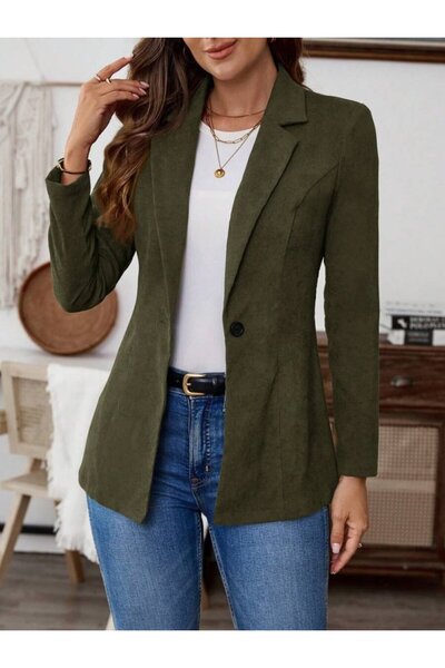 buğrahayalin Women's Long Sleeve Collared Single Button Suede Jacket