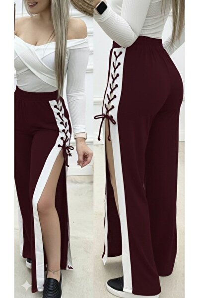 ermege Women's High Waist Side Cross Lace-Up Slit Viscose Two Thread Pants