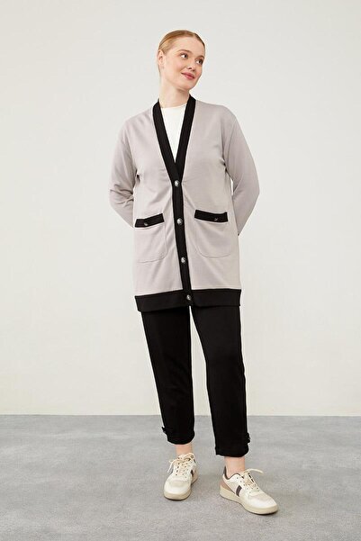 Levidor Gray-Black Ribbed Button Detailed Cardigan Suit