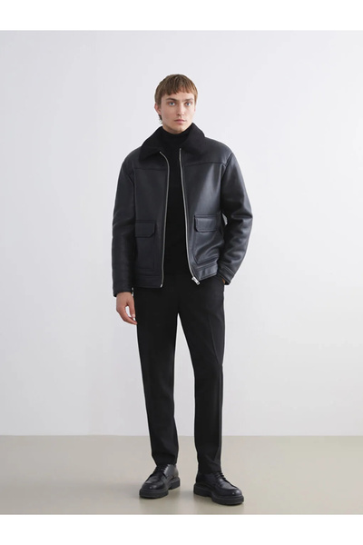 LC Waikiki Vision Standard/Regular Fit Fur Collar Leather-Look Black Men's Coat