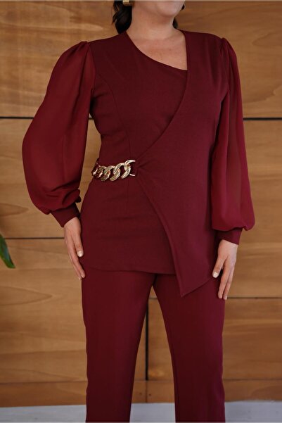 Butik Nilyam Women's Plus Size Double-Breasted Lapel Chiffon Sleeve Chain Brooch Detail Blouse Pants Evening Dress Set 25067