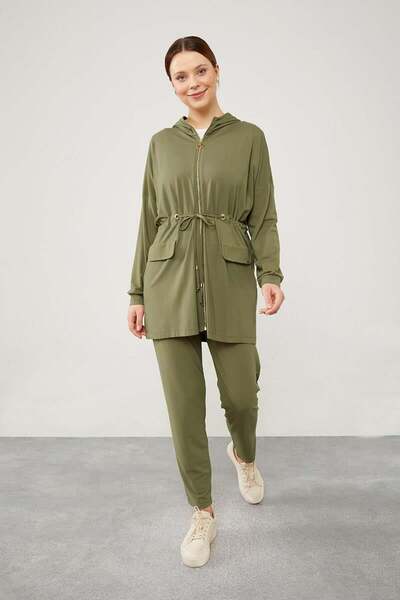 Levidor Haki Kapüşonlu Belden Büzülebilir İpli Spor Takım