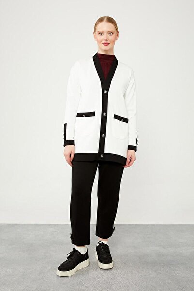 Levidor Ecru-Black Button Closure Cardigan Double Suit