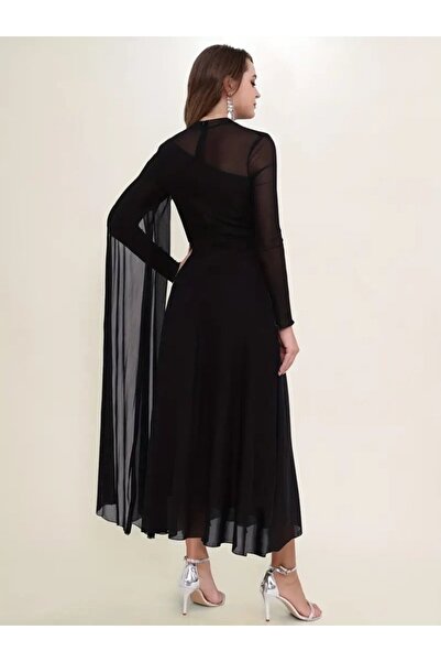 buğrahayalin Women's Long Sleeve Semi-Turtleneck Tulle Detailed Long Sandy Dress