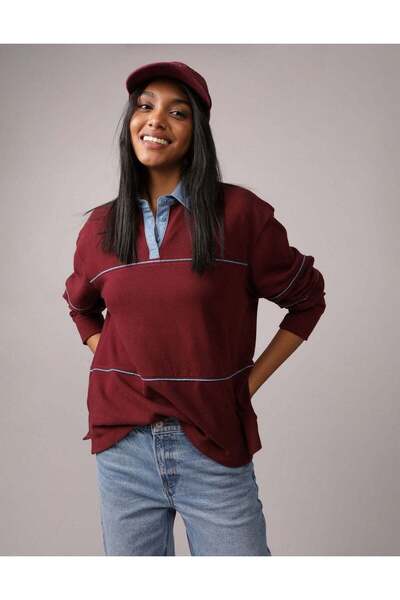 AMERICAN EAGLE قميص بولو AE بأكمام طويلة ومقاس قصة فضفاضة