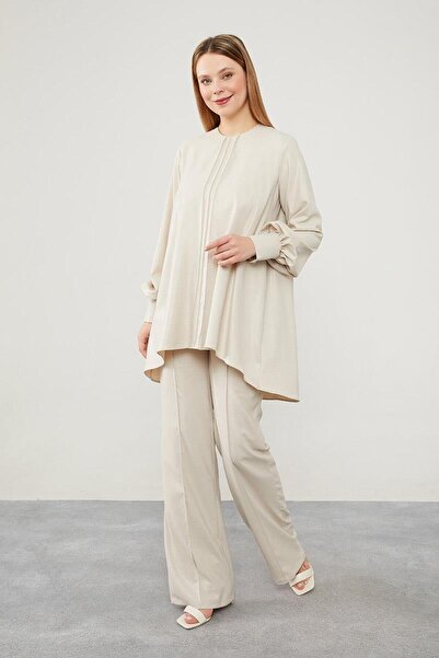 Levidor Stone Asymmetrical Cut Balloon Sleeve Trousers Suit