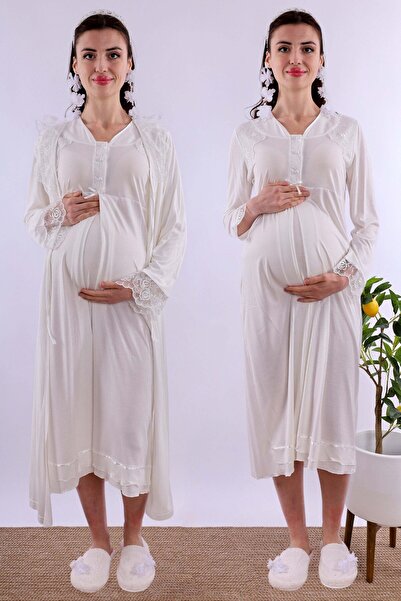 ByLohusa Effortt Ecru Maternity Nightgown Set with Dressing Gown
