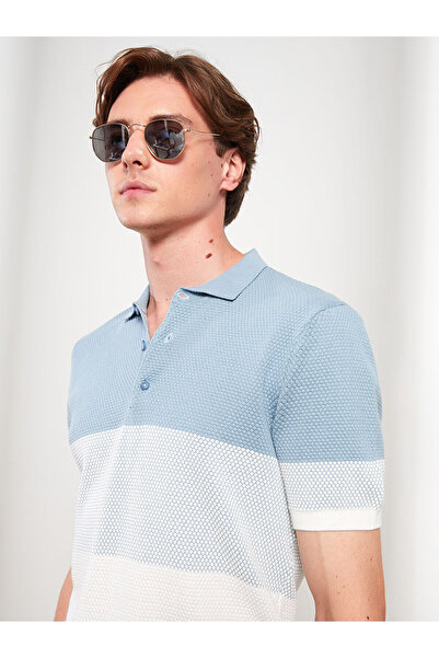 LC Waikiki Blue Polo Neck Short Sleeve Color Block Men's Knitwear Sweater