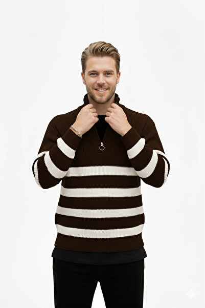 DeepSEA Pulover pentru bărbați, maro, cu jumătate de fermoar supradimensionat croială Pulover din bumbac, tricot moale, cu dungi 2608513