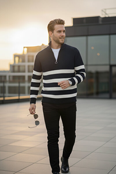 DeepSEA Чоловічий синій светр з напівзастібкою, оверсайз-крій, трикотаж, бавовняний, м'який в'язаний, смугастий 2608513