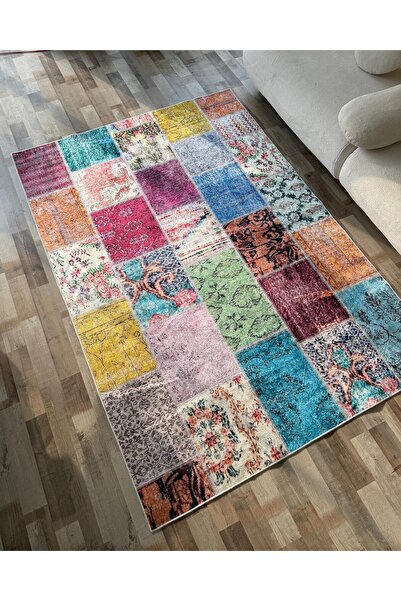 LILYUM RENKLİ PATCHWORK DESENLİ - YIKANABİLİR KAYMAZ TABAN KİLİM SALON MUTFAK...