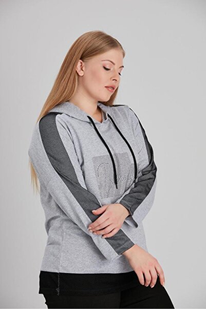 MODA Tunica de dama cu gluga, detaliata cu plasa, elastica, marime mare