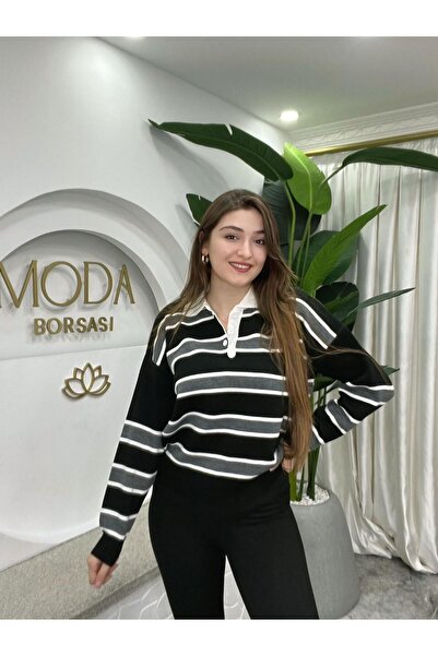 MODA BORSASI Pulover tricotat pentru femei cu guler polo cu dungi negru-gri