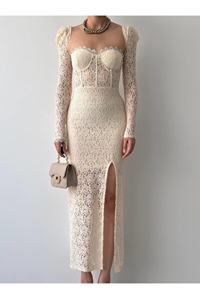 Mostpera Uzun Kollu Siena Yırtmaç Detaylı Dantel Elbise