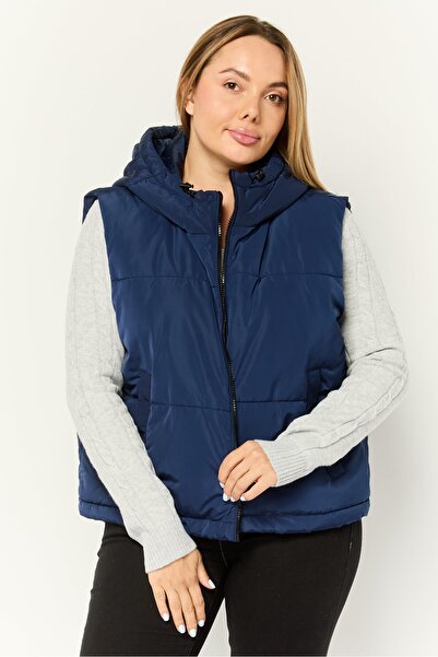 Don't Call Me Jennyfer Women Hooded Quilted Vest Jacket, Navy