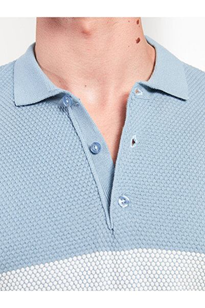 LC Waikiki Blue Polo Neck Short Sleeve Color Block Men's Knitwear Sweater