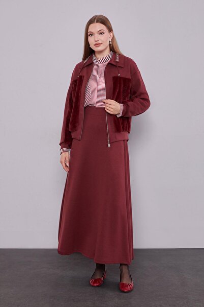 Levidor Burgundy Collar Stone Rose Detail Skirt Set