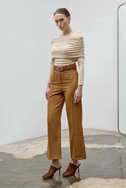 LADYA COLLECTION Καφέ παντελόνι με ψηλή μέση και στενό τελείωμα, casual στυλ