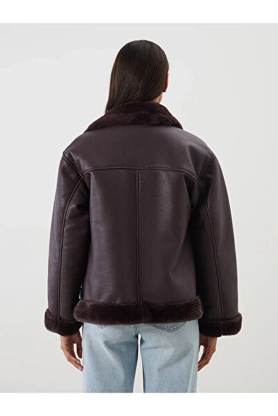 LC Waikiki Classic Loose/Bol Kesin Brown Fur Collar Plush Lining Leather-Look Women's Coat