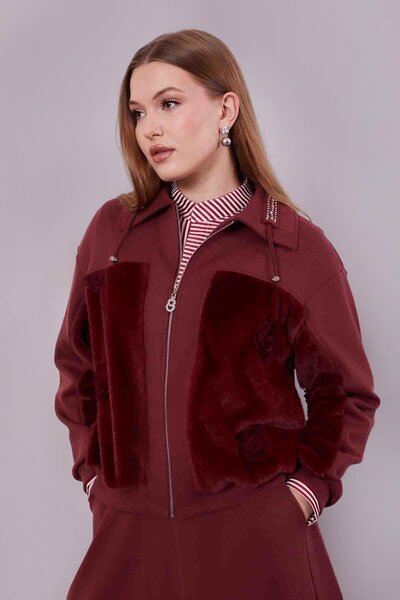 Levidor Burgundy Collar Stone Rose Detail Skirt Set