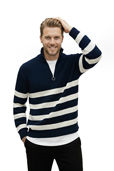 DeepSEA Чоловічий синій светр з напівзастібкою, оверсайз-крій, трикотаж, бавовняний, м'який в'язаний, смугастий 2608513