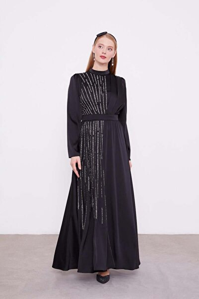 Levidor Black Stone Embroidered Evening Dress Satin Dress
