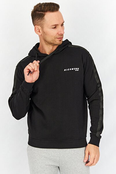 John Richmond Men Hooded Brand Logo Long Sleeve Sweatshirts, Black