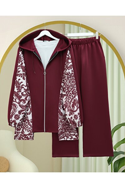 Modamorfo Zippered hooded patterned scuba suit - burgundy