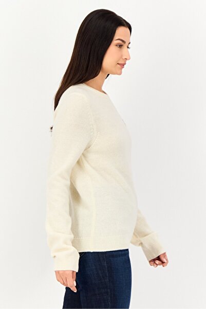 Lyle & Scott Women Crew Neck Embroidered Logo Knitted Sweater, Cream