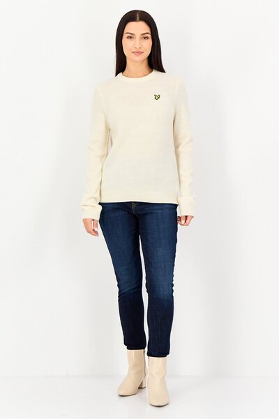 Lyle & Scott Women Crew Neck Embroidered Logo Knitted Sweater, Cream