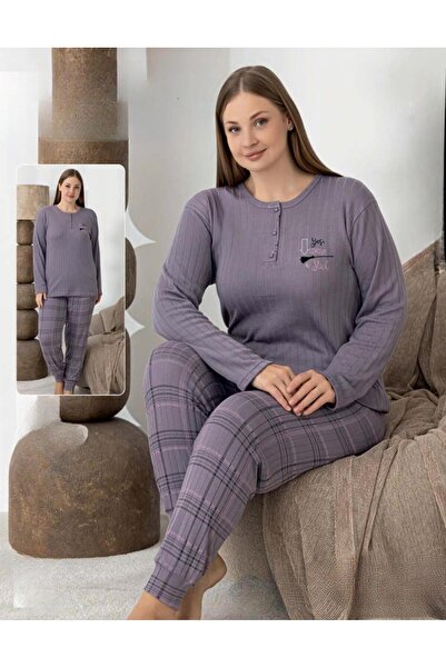 lindros Women's Cotton Button Collar Interlock Winter Oversized Pajama Set 0267 - 1 Piece