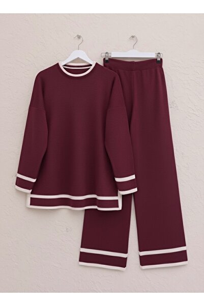 Modamorfo Double Knitwear Set with Cuffs and Stripes - Burgundy