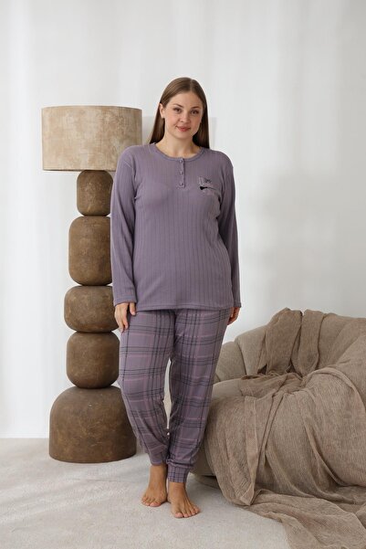 lindros Women's Cotton Button Collar Interlock Winter Oversized Pajama Set 0267 - 1 Piece