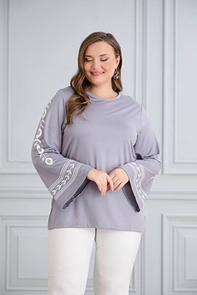 MODA Embroidery Detailed Stretchy Plus Size Women's Tunic Blouse