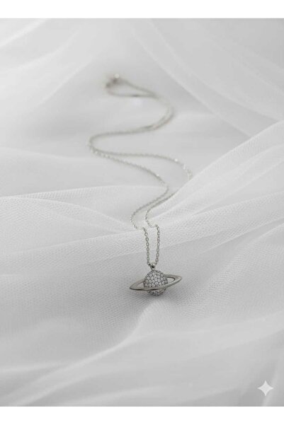 henahera accessory Gümüş Renk Zincirli Beyaz Zirkon Taşlı Satürn Gezegen Mode...