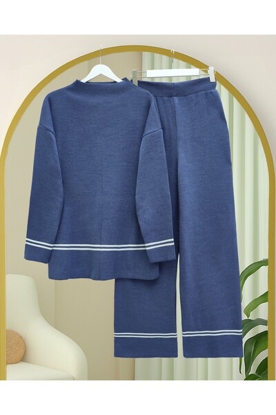 Modamorfo Skirt and Sleeve Striped Knitwear Set - Indigo
